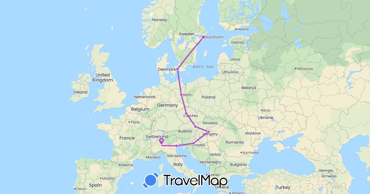 TravelMap itinerary: driving, train in Austria, Czech Republic, Germany, Denmark, Croatia, Hungary, Italy, Sweden (Europe)